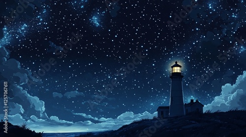 A dramatic night sky filled with stars above a lonely lighthouse photo