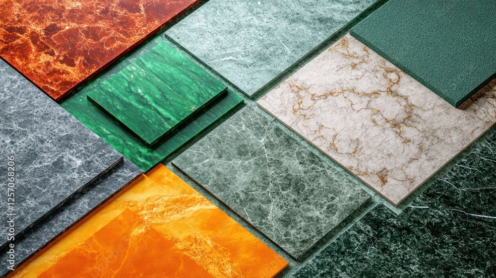 Colorful marble and stone tile samples arranged in a geometric pattern. Colorful marble and stone tile samples arranged in a geometric pattern.