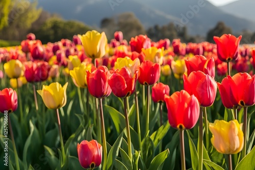 Stunning Aerial View of a Vibrant Tulip Field in Full Bloom during Spring Season