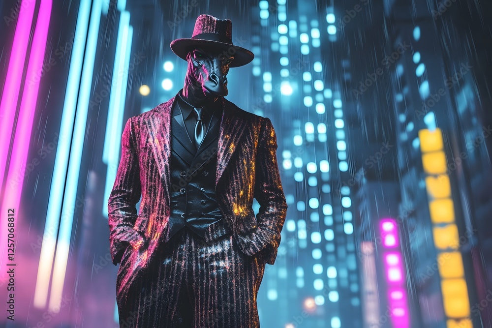 Stylishly Dressed Giraffe Stands Tall in Neon Lit City Backdrop Stylishly Dressed Giraffe Stands Tall in Neon Lit City Backdrop