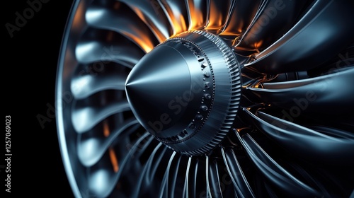 Close-up 3D Illustration of Jet Engine Turbine Blades with Hyper-Realistic Metallic Textures and Dramatic Lighting
