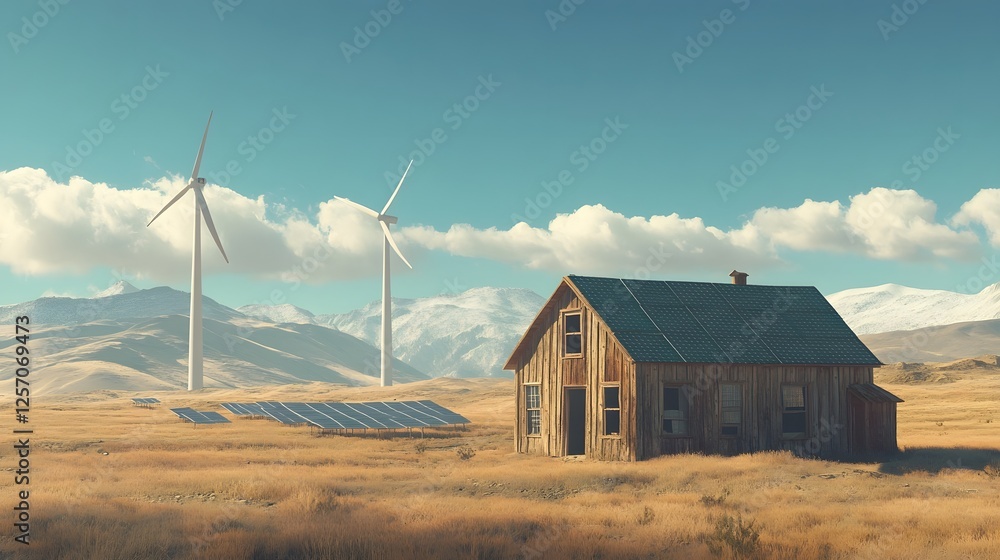 Wind Farm with Solar Panels under Bright Blue Sky Renewable Energy Concept Wind Farm with Solar Panels under Bright Blue Sky Renewable Energy Concept