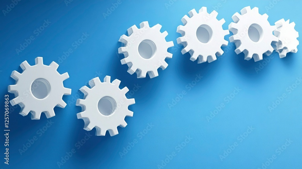 Interlocking White Gears on Blue Background Teamwork, Mechanism, and Synergy Concept Interlocking White Gears on Blue Background Teamwork, Mechanism, and Synergy Concept
