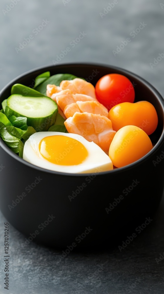 A colorful bowl of fresh ingredients featuring shrimp, cucumber, cherry tomatoes, and a soft-boiled egg, showcasing a healthy meal. A colorful bowl of fresh ingredients featuring shrimp, cucumber, cherry tomatoes, and a soft-boiled egg, showcasing a healthy meal.