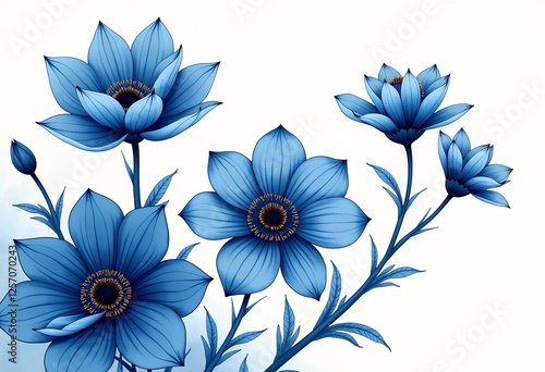 静かな水墨風青い花のベクター:シンプルな線と余白のある高解像度中国風絵画、ミニマリストデザイン、壁アート、デジタルグラフィックに最適