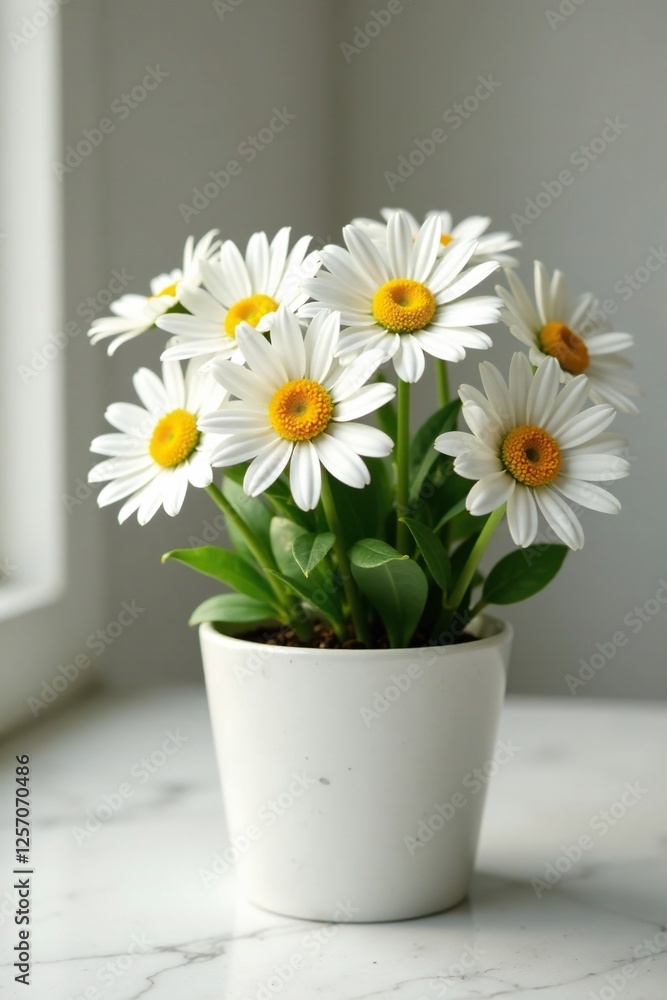 Fototapeta premium A pot of fresh chamomile flowers on a marble countertop, pot, countertop, simplicity