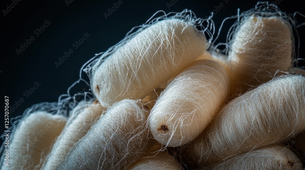 Fototapeta premium Silk cocoons close-up, textile production, dark background