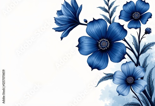 優雅な水墨画風青い花のベクターイラスト:繊細な線、白い背景、高解像度で、プリント、ポスター、アートプロジェクトに最適