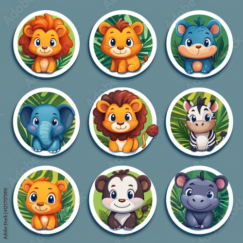 Adorable Cartoon Safari Animals Lion Zebra Elephant Monkey Set of Jungle Critters Illustrations