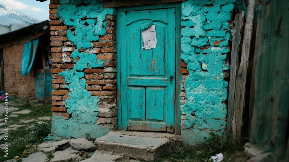 Weathered Teal Door on a Rustic Brick Wall in a Rural Village Weathered Teal Door on a Rustic Brick Wall in a Rural Village