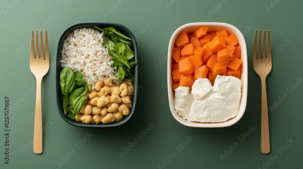 A balanced meal featuring rice, spinach, chickpeas, and diced squash served in stylish containers, emphasizing healthy eating. A balanced meal featuring rice, spinach, chickpeas, and diced squash served in stylish containers, emphasizing healthy eating.