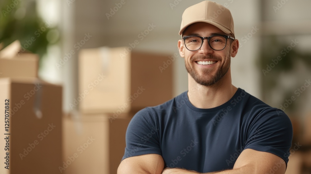 Fototapeta premium A smiling man in a cap stands confidently among cardboard boxes, conveying a sense of readiness and professionalism.
