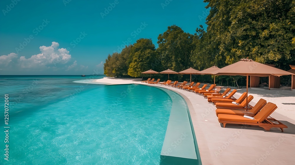 Fototapeta premium An idyllic tropical resort boasts a curved infinity pool overlooking a pristine beach and turquoise ocean, lined with lounge chairs and umbrellas under a bright blue sky.
