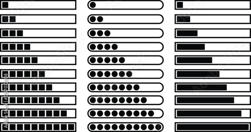 Loading black icons vectors set. Download upload progress bar sign symbols buttons. System software update and upgrade concept. Website design elements illustration isolated on transparent background.