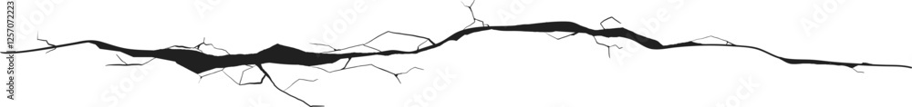 Long horizontal cracked wall. Damage surface crack and fissure in ground, concrete, crevices from disaster silhouette breaks on land surface from earthquake isolated on white background. Broken ground