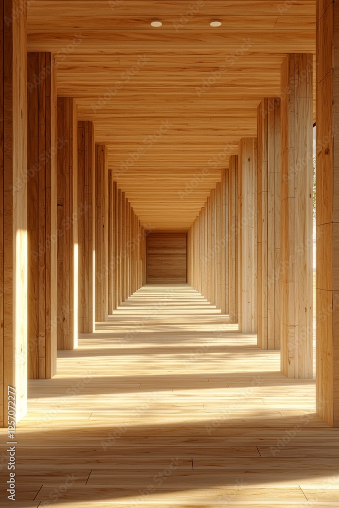 Fototapeta premium Wooden interior, a symmetrical corridor with rectangular columns, a light wood floor, sunlight shining through the ceiling, a minimalist architectural style
