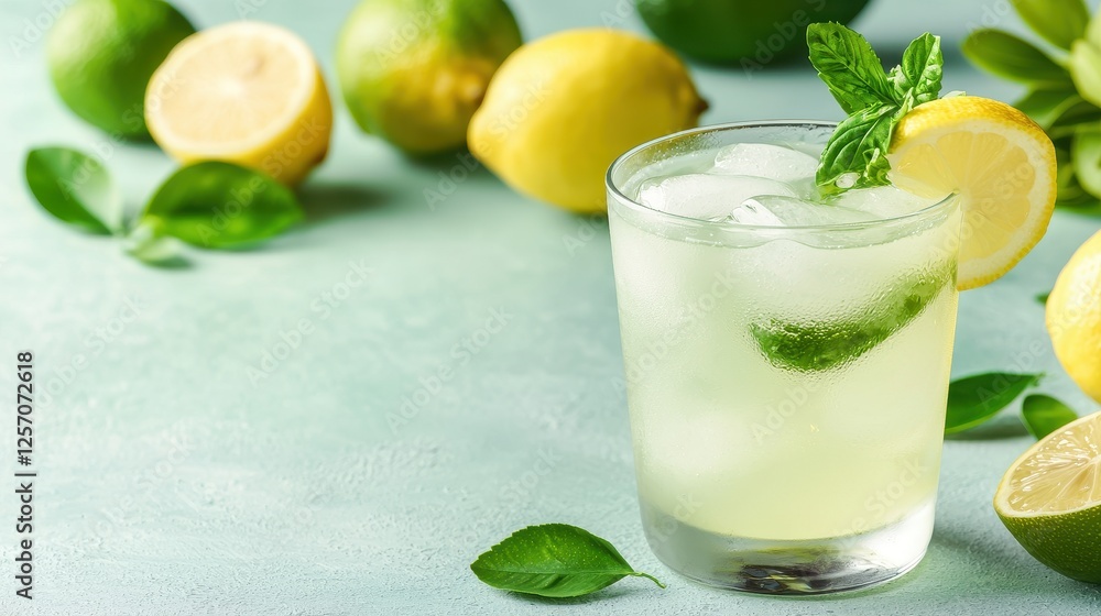 Fototapeta premium A refreshing cocktail with mint, served in a glass, surrounded by lemons and limes on a light-colored background.