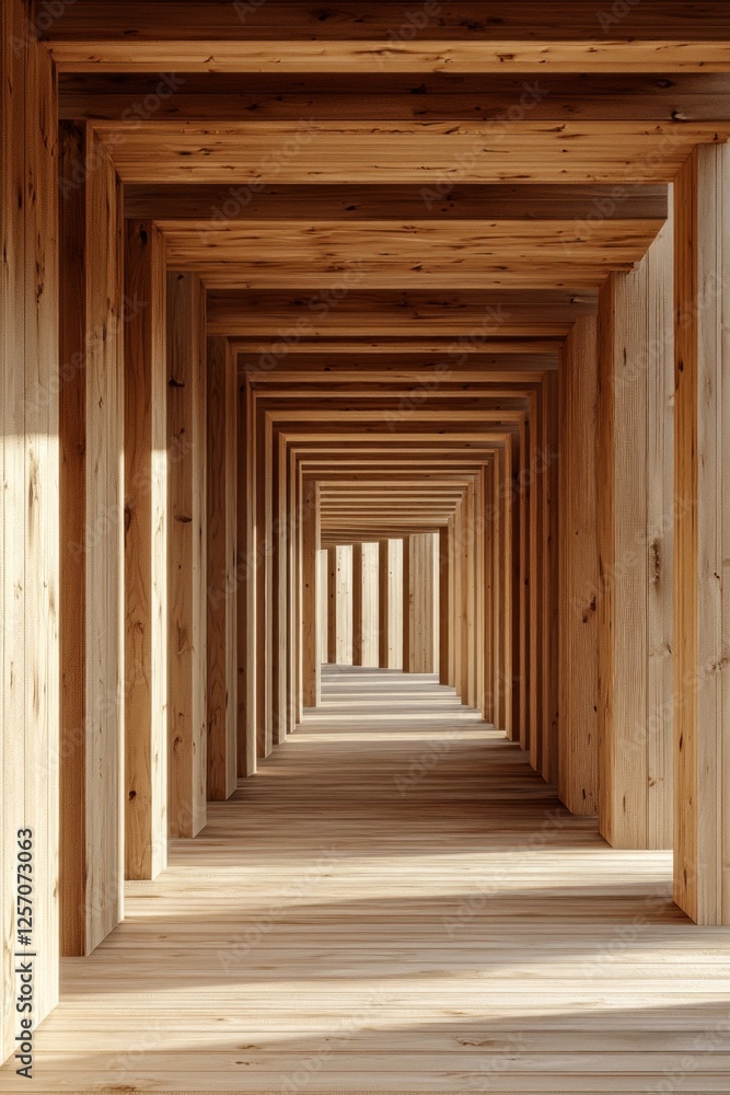 Fototapeta premium Wooden interior, a symmetrical corridor with rectangular columns, a light wood floor, sunlight shining through the ceiling, a minimalist architectural style