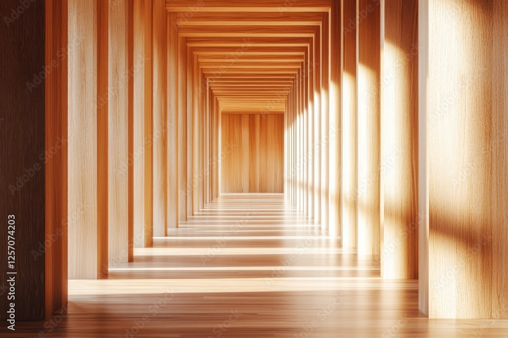 Fototapeta premium Wooden interior, a symmetrical corridor with rectangular columns, a light wood floor, sunlight shining through the ceiling, a minimalist architectural style