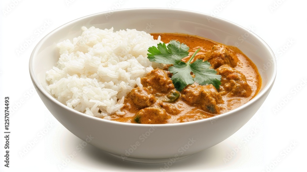 A bowl of creamy curry with chicken pieces and a side of fluffy white rice, garnished with fresh cilantro, offering a delicious and flavorful meal. A bowl of creamy curry with chicken pieces and a side of fluffy white rice, garnished with fresh cilantro, offering a delicious and flavorful meal.
