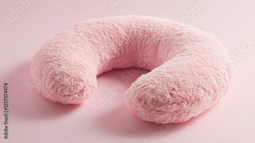 Pink fluffy travel pillow on pink background, comfort, relaxation