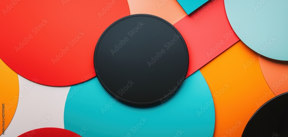 Classic black vinyl disk lying flat, with an artistic background of multicolored album sleeves neatly arranged Classic black vinyl disk lying flat, with an artistic background of multicolored album sleeves neatly arranged