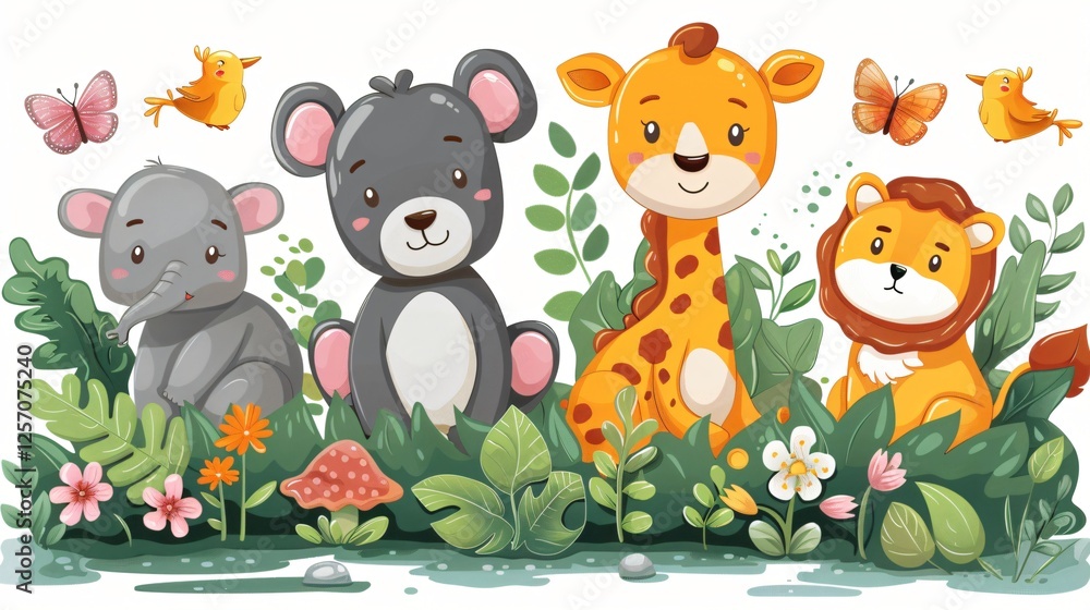 Naklejka premium Adorable Cartoon Animals in Lush Garden Elephant Bear Giraffe Lion Illustration