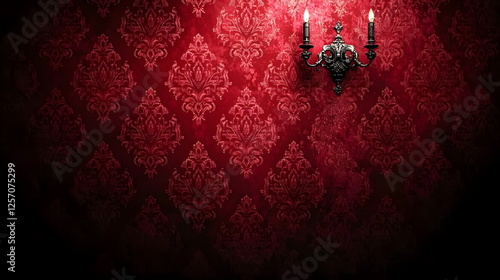 Elegant red damask wallpaper with vintage black candle holder providing atmospheric lighting effect.