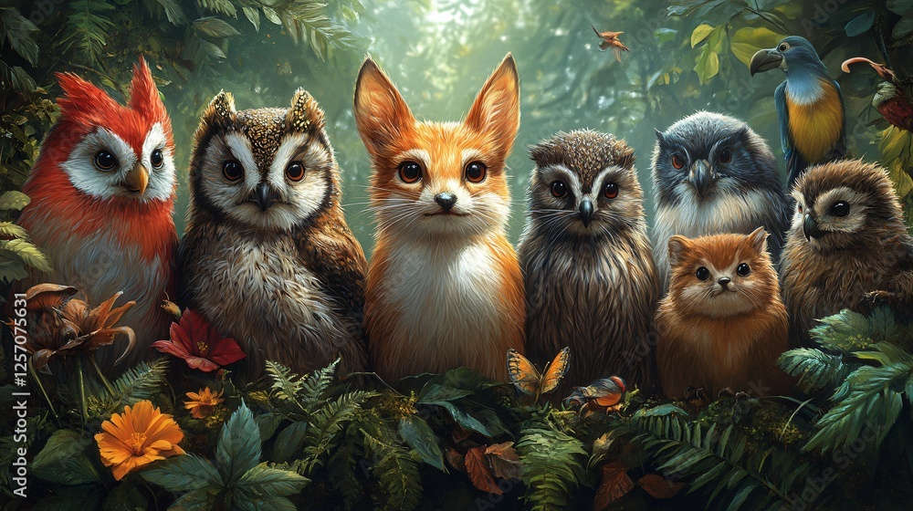 Enchanting Fantasy Forest Creatures Owls Fox Cat and Parrot in Lush Foliage Enchanting Fantasy Forest Creatures Owls Fox Cat and Parrot in Lush Foliage