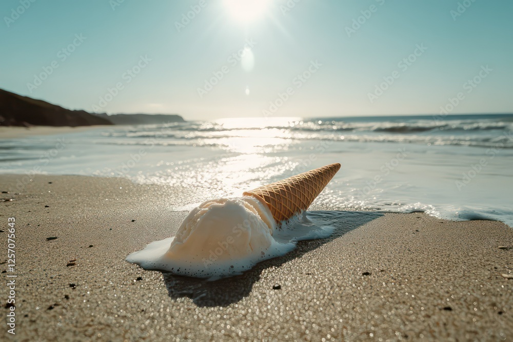 A playful beach setup with an ice cream cone lying on its side, melting in the bright June sun at Newquay. A playful beach setup with an ice cream cone lying on its side, melting in the bright June sun at Newquay.