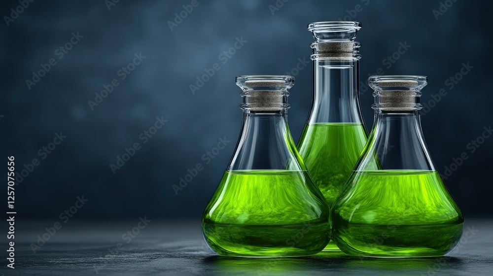 Three Glass Flasks Filled with Bright Green Liquid Against a White Background Three Glass Flasks Filled with Bright Green Liquid Against a White Background