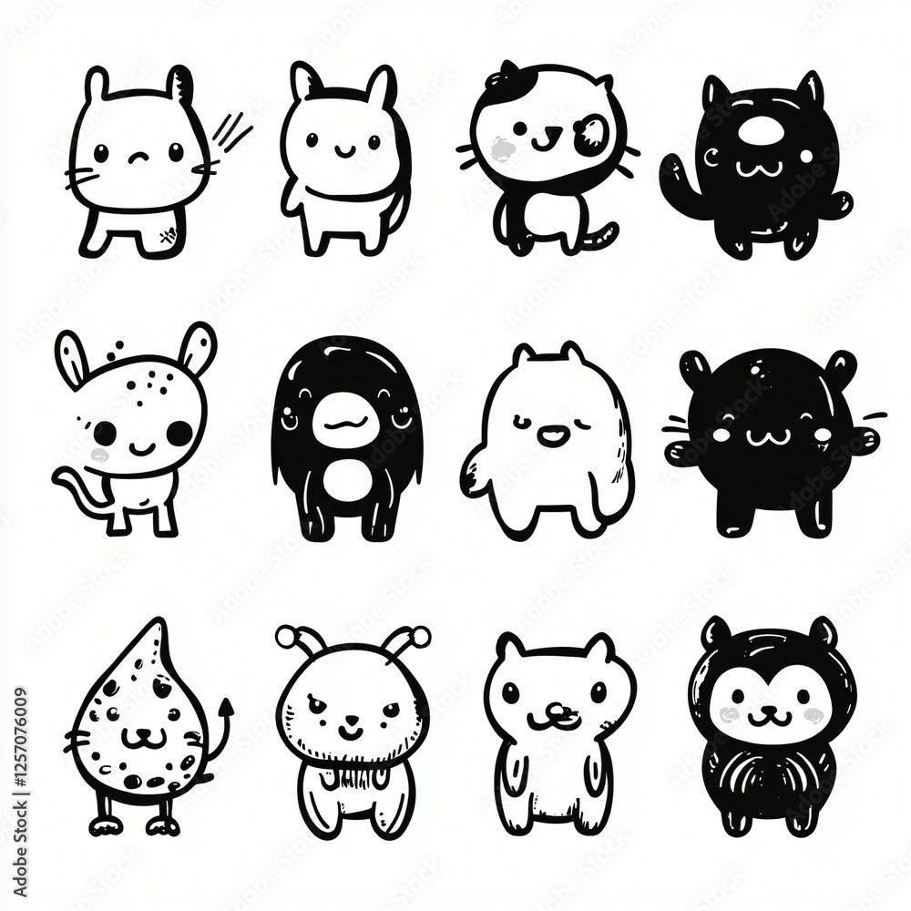 Fototapeta premium Adorable Hand Drawn Black and White Cartoon Animals Cute Monster and Pet Illustrations Set