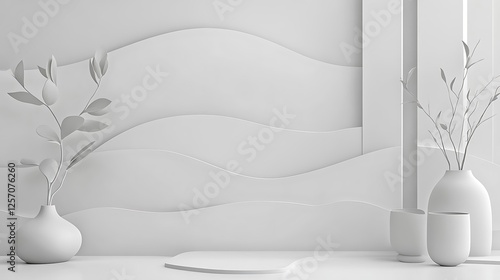 Minimalist White Scene With Plants and Vases