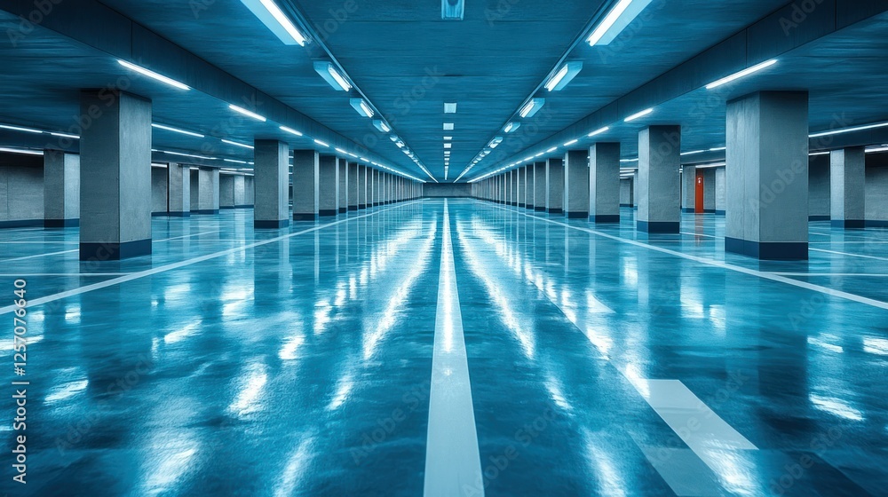 Fototapeta premium Empty modern parking garage, blue lit, city building background, architecture