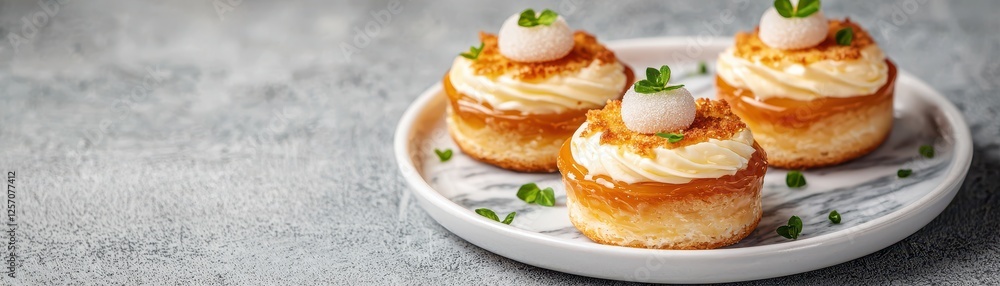 A plate of three delicious cup cakes topped with cream and garnished with fresh herbs, perfect for dessert lovers. A plate of three delicious cup cakes topped with cream and garnished with fresh herbs, perfect for dessert lovers.