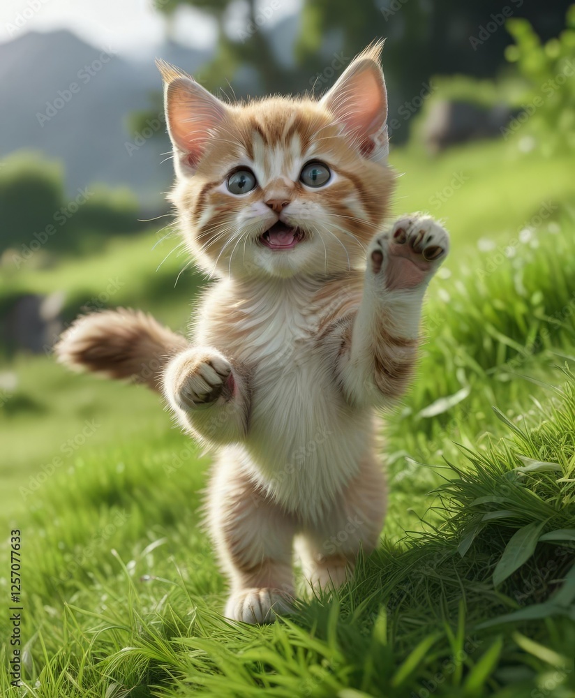 Kitten's front paws wave in the air as it takes its first steps on a soft and green grassy slope, playful, slope Kitten's front paws wave in the air as it takes its first steps on a soft and green grassy slope, playful, slope