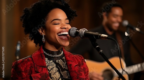 Woman singing into microphone, live music performance, acoustic guitar in background, possible use for music advertisement photo