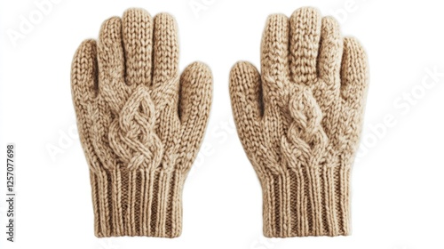 Knitted gloves, beige, cable knit, winter, accessory,  isolated, studio shot, comfortable photo