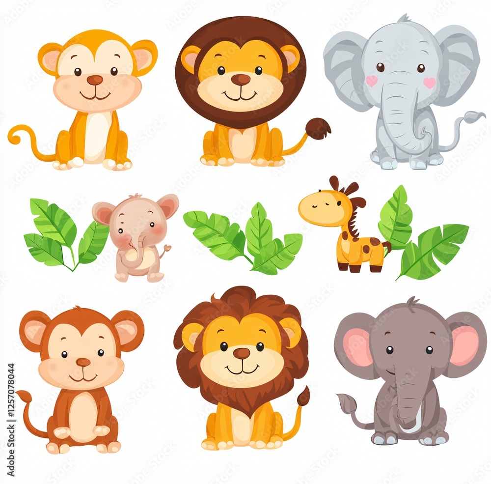 Fototapeta premium Adorable Cartoon Safari Animals Monkeys Lions Elephants Giraffe