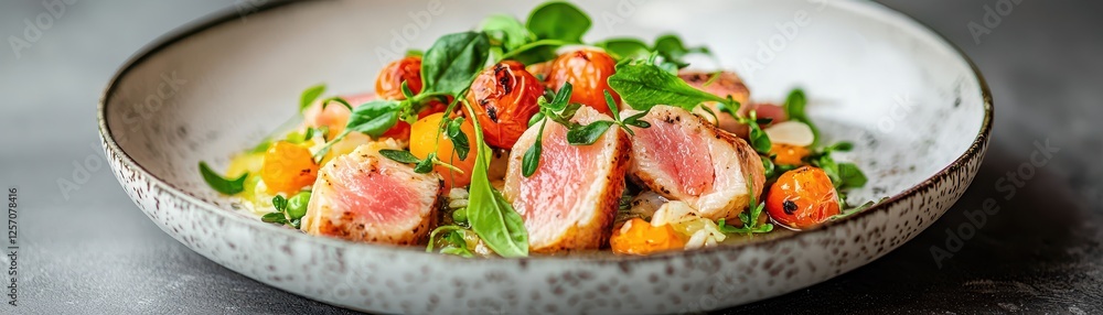 A beautifully plated dish featuring tender slices of meat, vibrant vegetables, and fresh herbs, all arranged in a stylish bowl. A beautifully plated dish featuring tender slices of meat, vibrant vegetables, and fresh herbs, all arranged in a stylish bowl.
