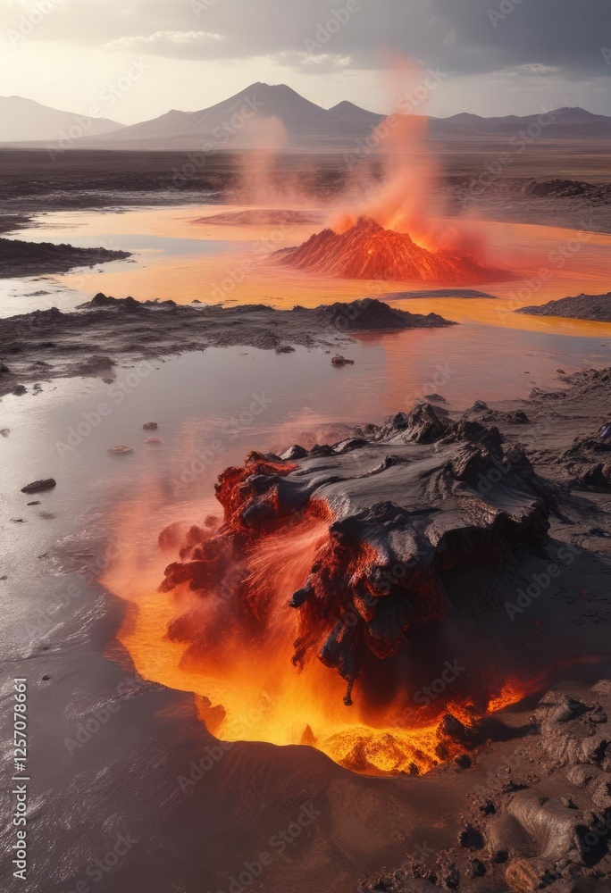 Fototapeta premium Lava flows and volcanic ash in the air with a sulfur lake in the background of Danakil Depression , sulfur lake, Africa