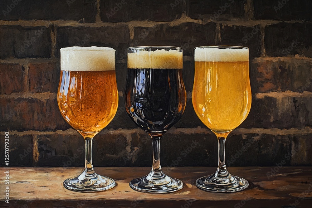 Three Glasses of Beer: A Visual Exploration of Ale, Stout, and Lager Styles on Wooden Table Three Glasses of Beer: A Visual Exploration of Ale, Stout, and Lager Styles on Wooden Table