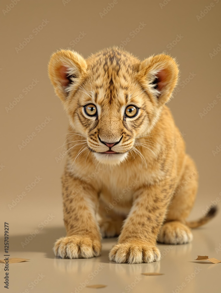 Obraz premium Lion cub exploring its surroundings with wide eyes, natural scenery, lion cub exploration