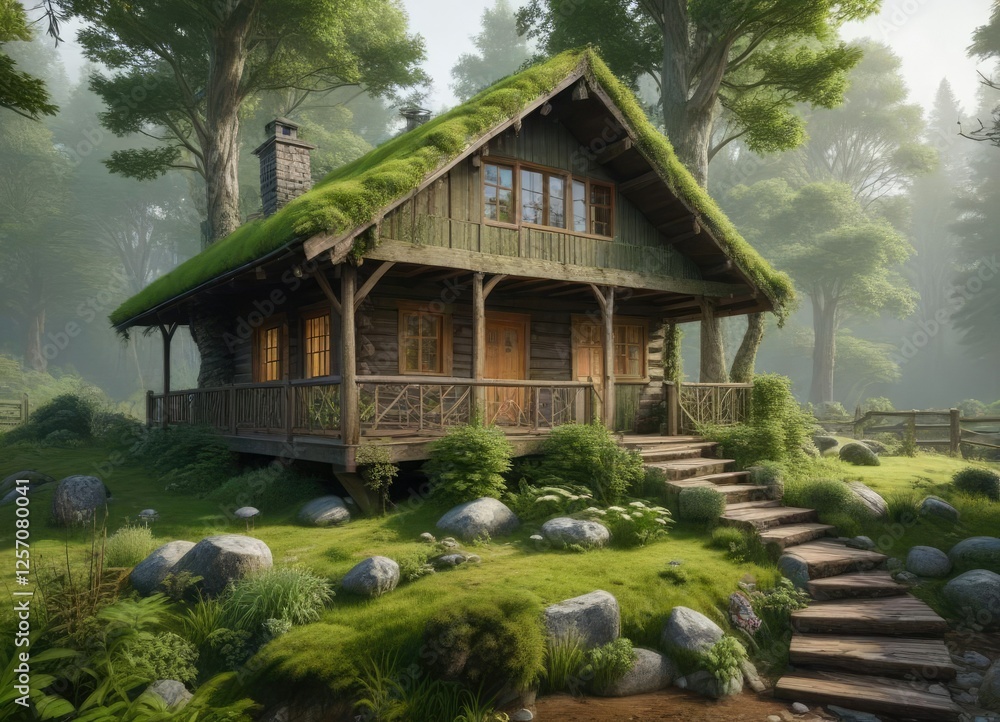 Lush green trees surround the cabin with vines and moss, plants, wilderness, greenery Lush green trees surround the cabin with vines and moss, plants, wilderness, greenery