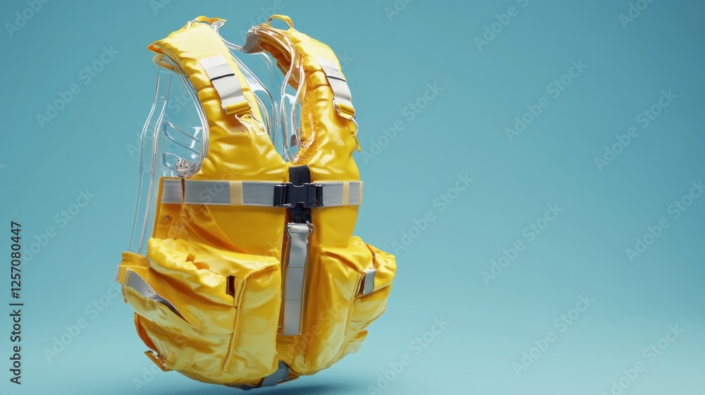 3D render of a yellow life vest against a light blue background. Possible use stock photography for safety equipment or boating 3D render of a yellow life vest against a light blue background. Possible use stock photography for safety equipment or boating