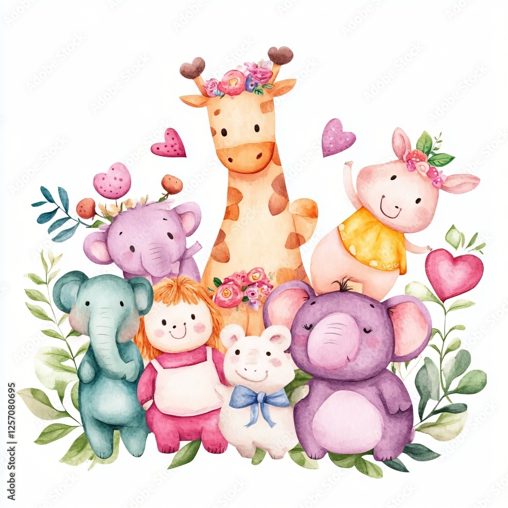 Fototapeta premium Adorable Watercolor Animals Giraffe Elephants Bunny Doll Cute Children s Illustration