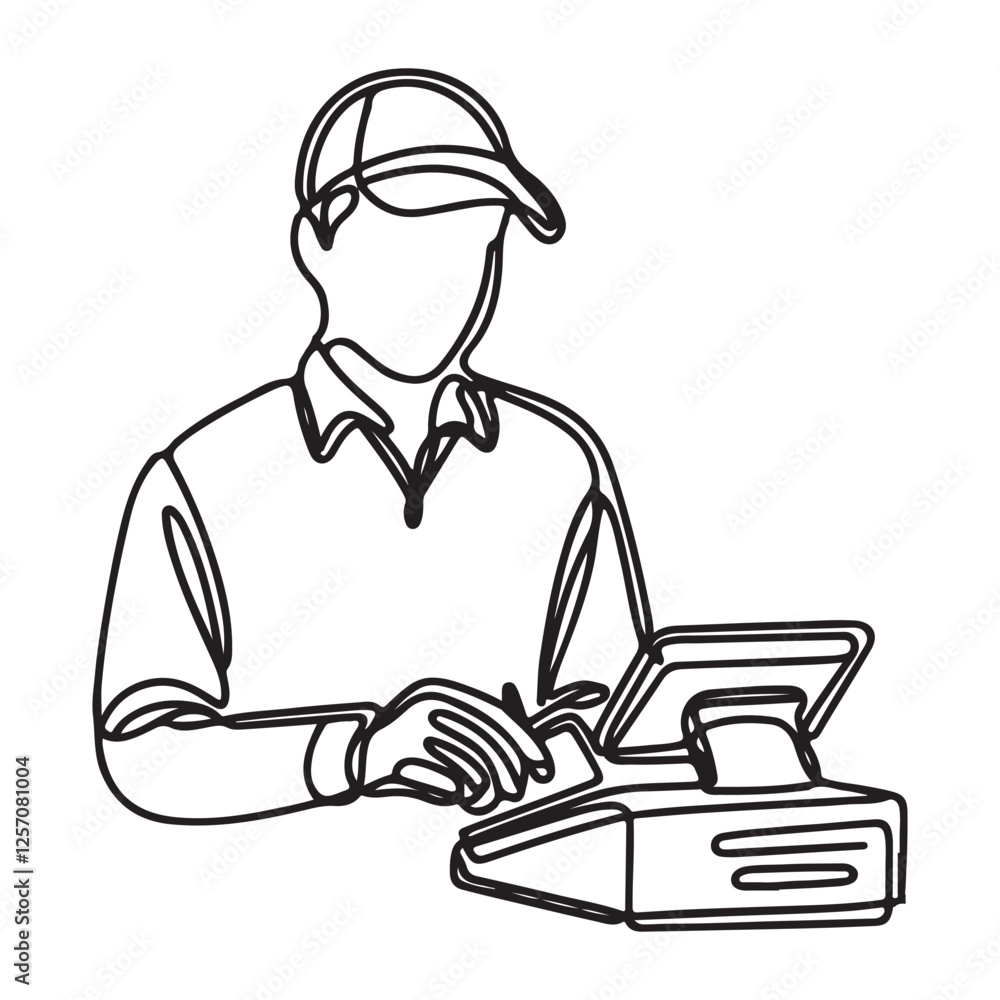continuous one single line art doodle drawing of man seller cashier illustration continuous one single line art doodle drawing of man seller cashier illustration