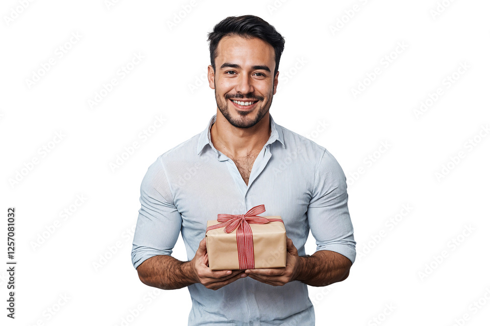Portrait of a handsome young man with gift box, isolated on transparent background Portrait of a handsome young man with gift box, isolated on transparent background