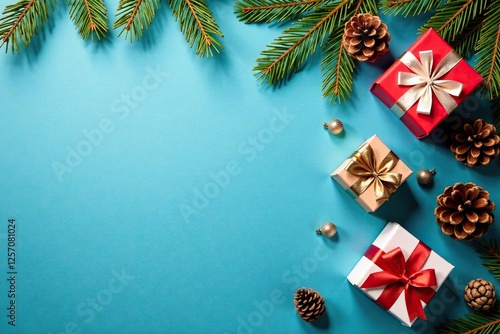 Blue Christmas background with pine cone garland and gift boxes, festive atmosphere, rustic decor, gift boxes