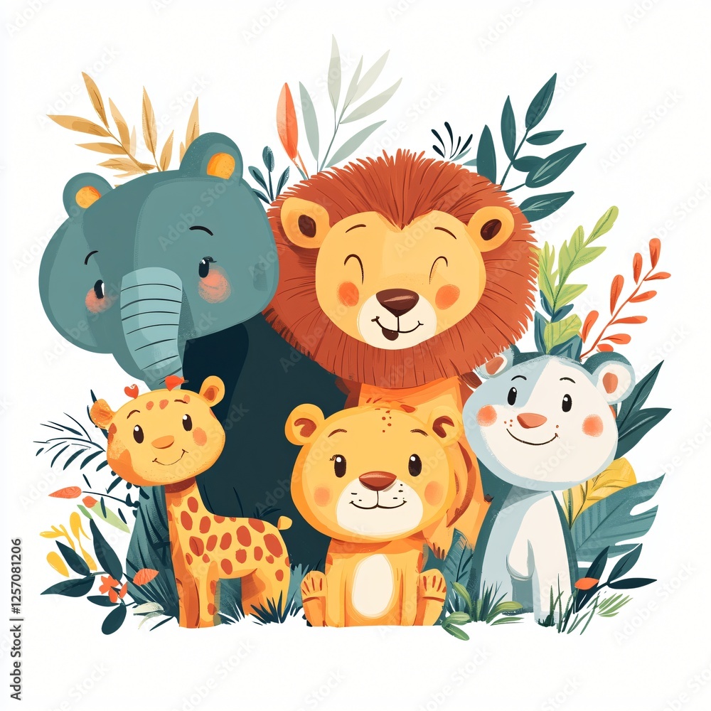 Fototapeta premium Adorable Cartoon Safari Animals Group Lion Elephant Giraffe Cub and Bear in Lush Foliage